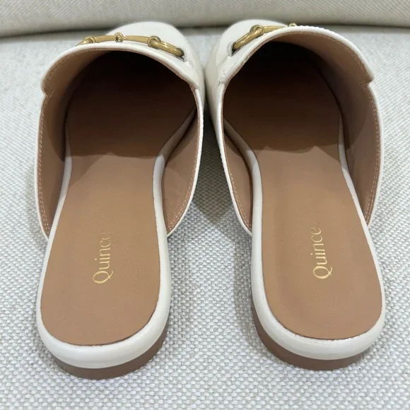 Quince Bone White Italian Leather Mules Classic Gold Horsebit Slides Size 7 - Picture 9 of 11